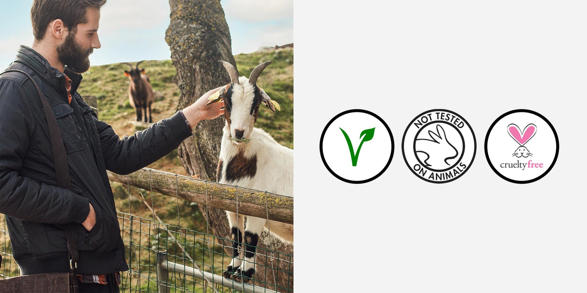Man petting a goat. Representing the Corkor brand values: cruelty free, vegan products.