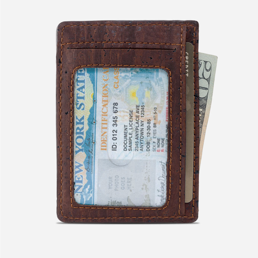 ID Window on the back side of the Cards holder wallet. With cards and 20 dollar bill.