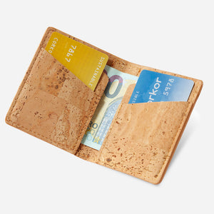Open View of The Vegan Minimalist Slim Cork Wallet. Light Brown Cork.