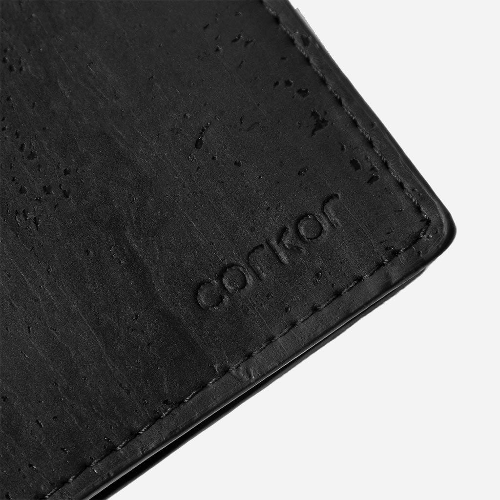 Closeup on the Corkor logo of the Bifold Wallet for men.