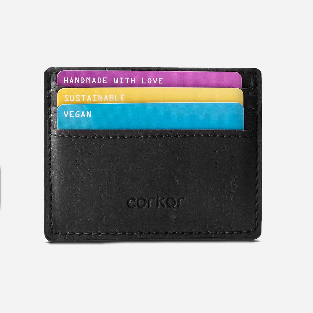 Front Side of The vegan card holder wallet, Black Cork.