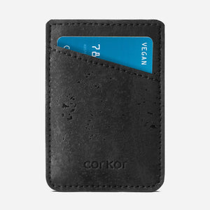 Front Side of The Vegan Minimalist Cork Card Sleeve Wallet. Black Cork.