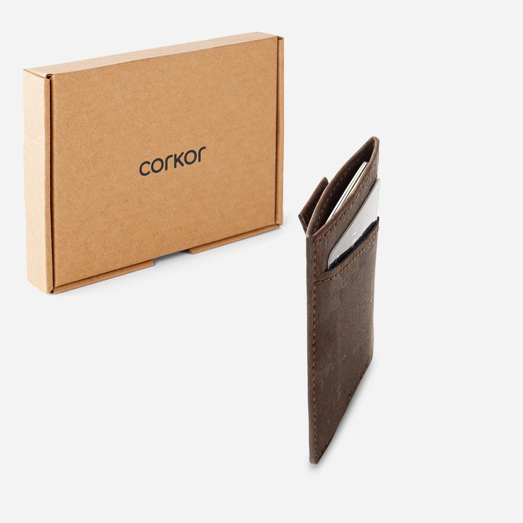 The Vegan Minimalist Cork Card Sleeve Wallet and its box.