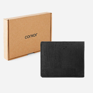 The Cork Passcase Wallet and its box. Black Cork.