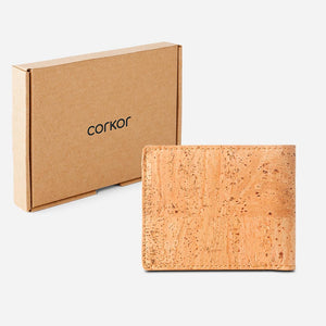The Cork Passcase Wallet and its box. Light Brown Cork.