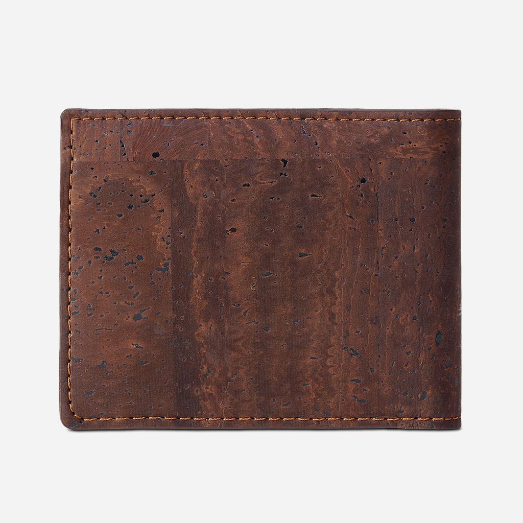 Back Side of The Vegan Minimalist Cork Wallet with coin pocket. Brown Cork.