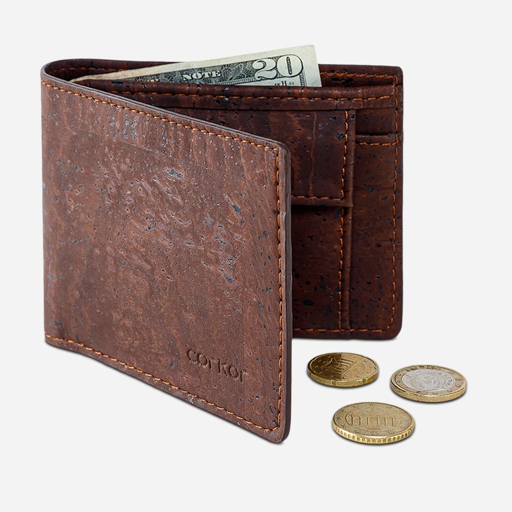 Corkor Vegan Cork Men's Bifold Wallet with Coin Pocket, Brown