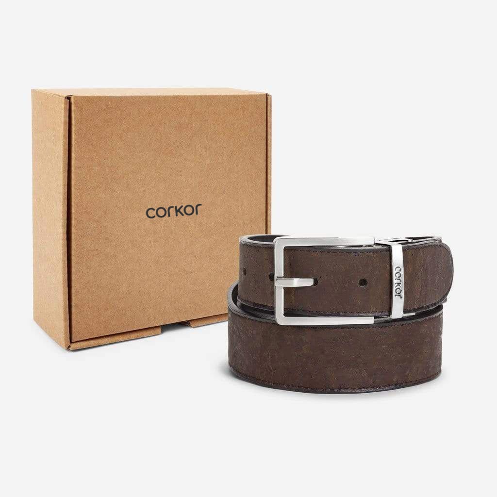 Corkor box and a vegan reversible black and brown belt for.