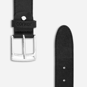 Round silver-tone buckle and strap of a cork belt for men.