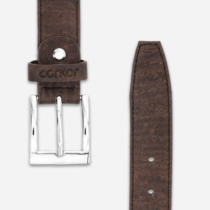 Square silver-tone buckle and strap of a cork belt for men.