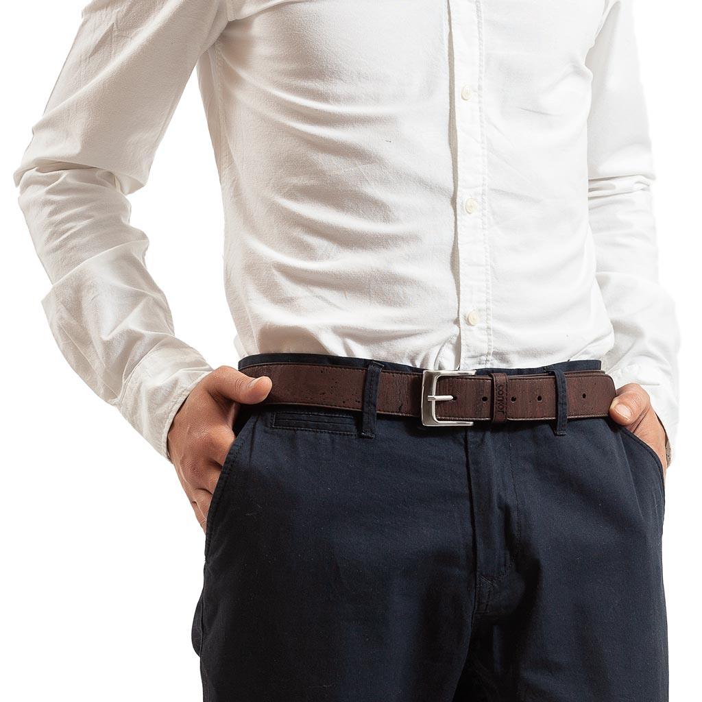 Man wearing a brown vegan belt made from genuine cork.