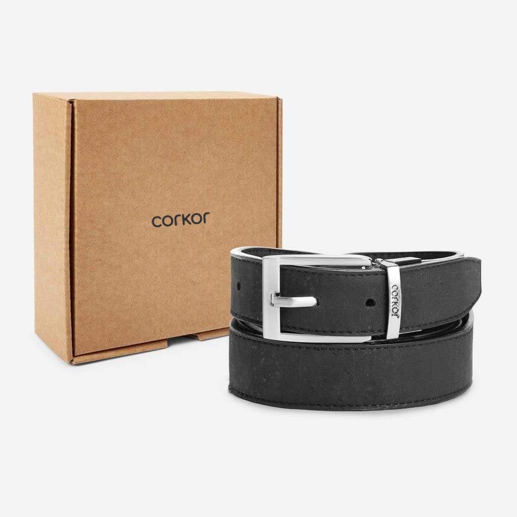 Corkor box and a vegan reversible black and brown belt for.